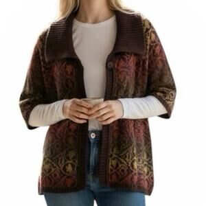 DKNY Jeans Cardigan Lg Brown Multicolor Knit Short Sleeve Button Boho Sweater